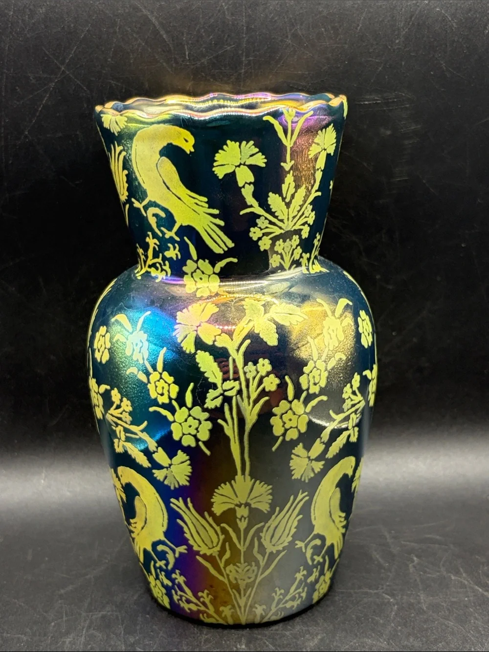 Anthropologie Lanza Iridescent Stoneware Floral Bird Motif Vase Vessel Decor